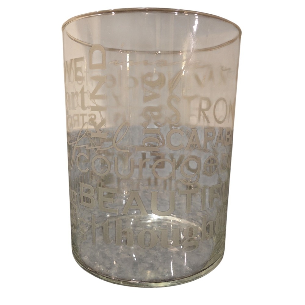 Inspirational Etched Glass Cylinder Vase Candle Holder Kind Brave Strong 7.5x6